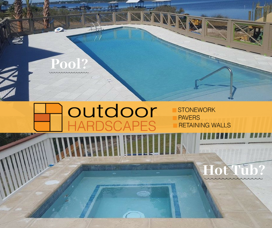 Which one do you prefer? Pool or Hot Tub? Let us know in the comments! #OutdoorHardScapes #GulfShores #pool #hottub
