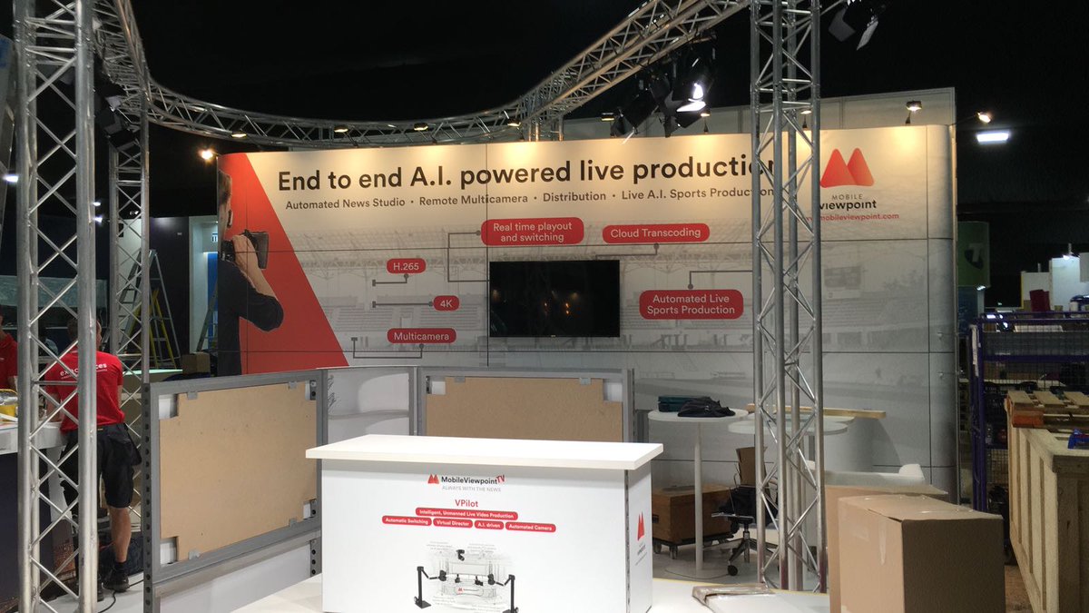 MobileViewpoint's tweet photo. #AreYouReadyForThis? Our @IBCShow stand #14F24 is coming along nicely. Centerstage: the interview desk for our live demo's of #NewsPilot with @TheSimonLukacs #IBCshow #IBC2018 https://t.co/xHbISrShjA