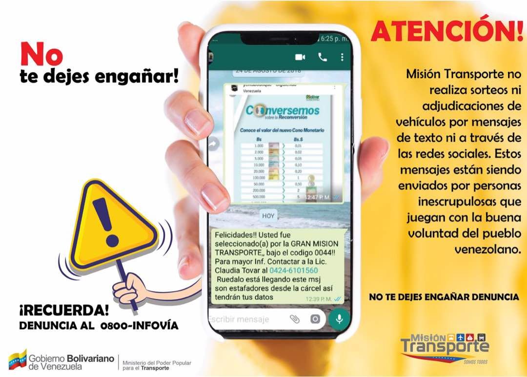 SrChoferAlex's tweet photo. ESTAFA! #MisiónTransporte informa al pueblo que no estamos adjudicando ni mucho menos sorteando ningún tipo de vehículos a través de redes sociales o mensajería de texto. No te dejes engañar y denuncia a través del @0800infovia 
_ 
#100DiasATodaMaquina #12Sep @tupamarohipolit https://t.co/FA6Y1P0Sh2