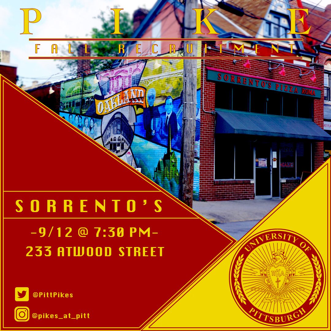 Round two of fall recruitment week is tonight at Sorrento’s Pizza @ 7:30. See you all there! #φφκα