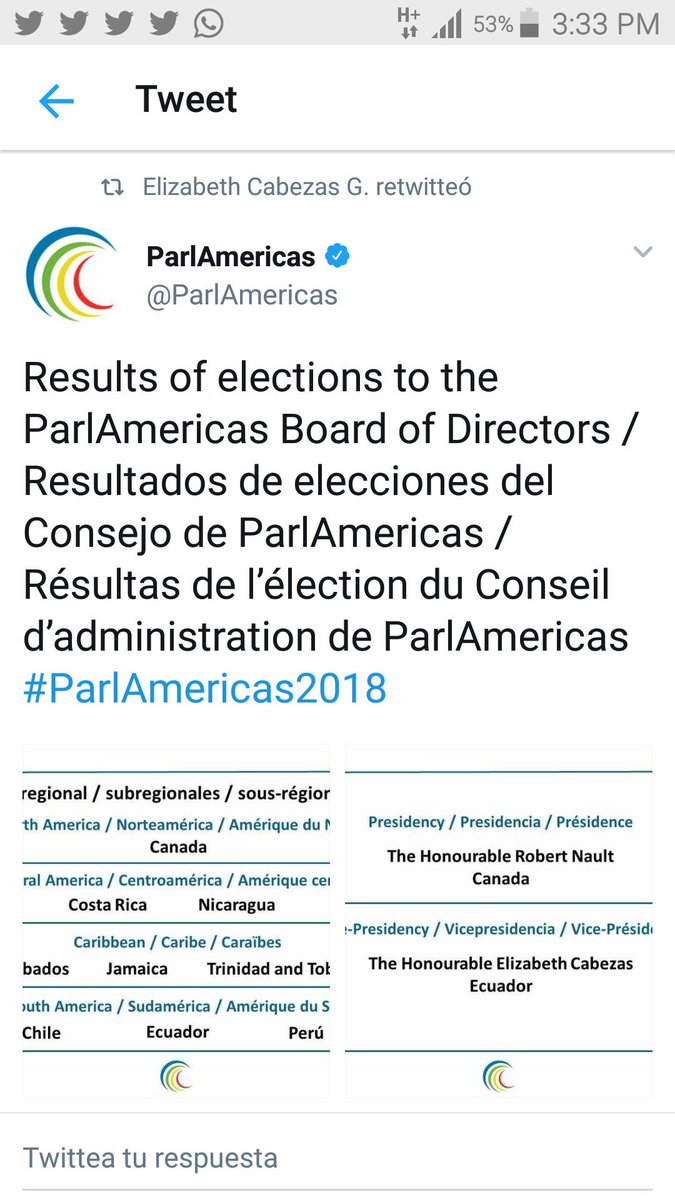 Felicitaciones @ElizCabezas por esa Vicepresidencia, el Ecuador está muy bien representado @AsambleaEcuador #ParlAmericas2018