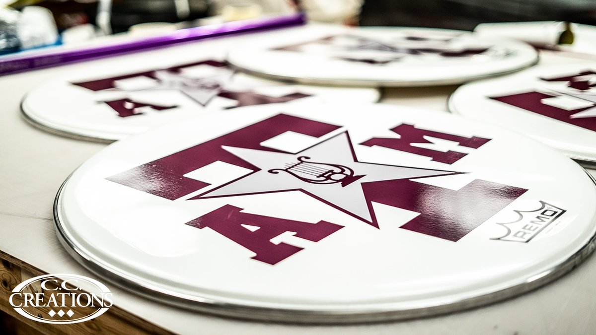 CCCreationsUSA's tweet photo. The Fightin' Texas Aggie Band stopped by for some new decals for their bass drum heads! And what do you know?! They won halftime! 
#cccusa #staylocal https://t.co/XoW0raAsKH