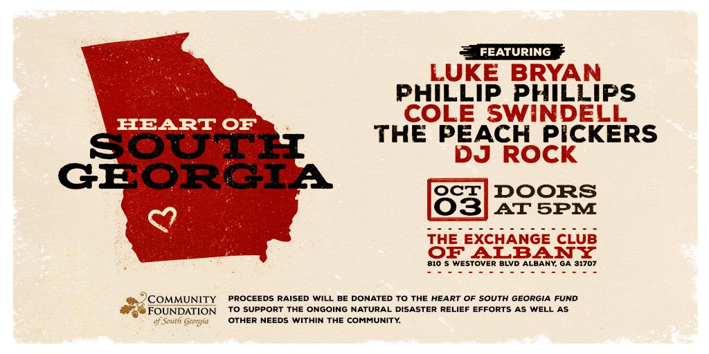 So excited to announce this show with my fellow Georgia buddies @LukeBryanOnline, @ThePeachPickers , @coleswindell , @Phillips & @DjRockOfficial to support the Heart of South Georgia Fund and the ongoing natural disaster relief efforts. heartofgeorgia.org