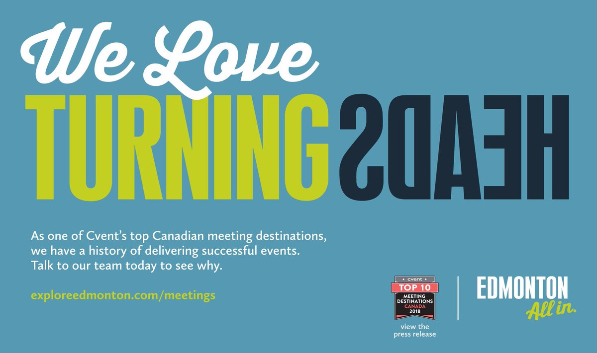 EdmontonAllIn's tweet image. Host your next conference in Edmonton and see why we made @Cvent's list of the Top 10 Meeting Destinations in Canada! bit.ly/2OeMAhH #EdmontonAllIn #Cvent