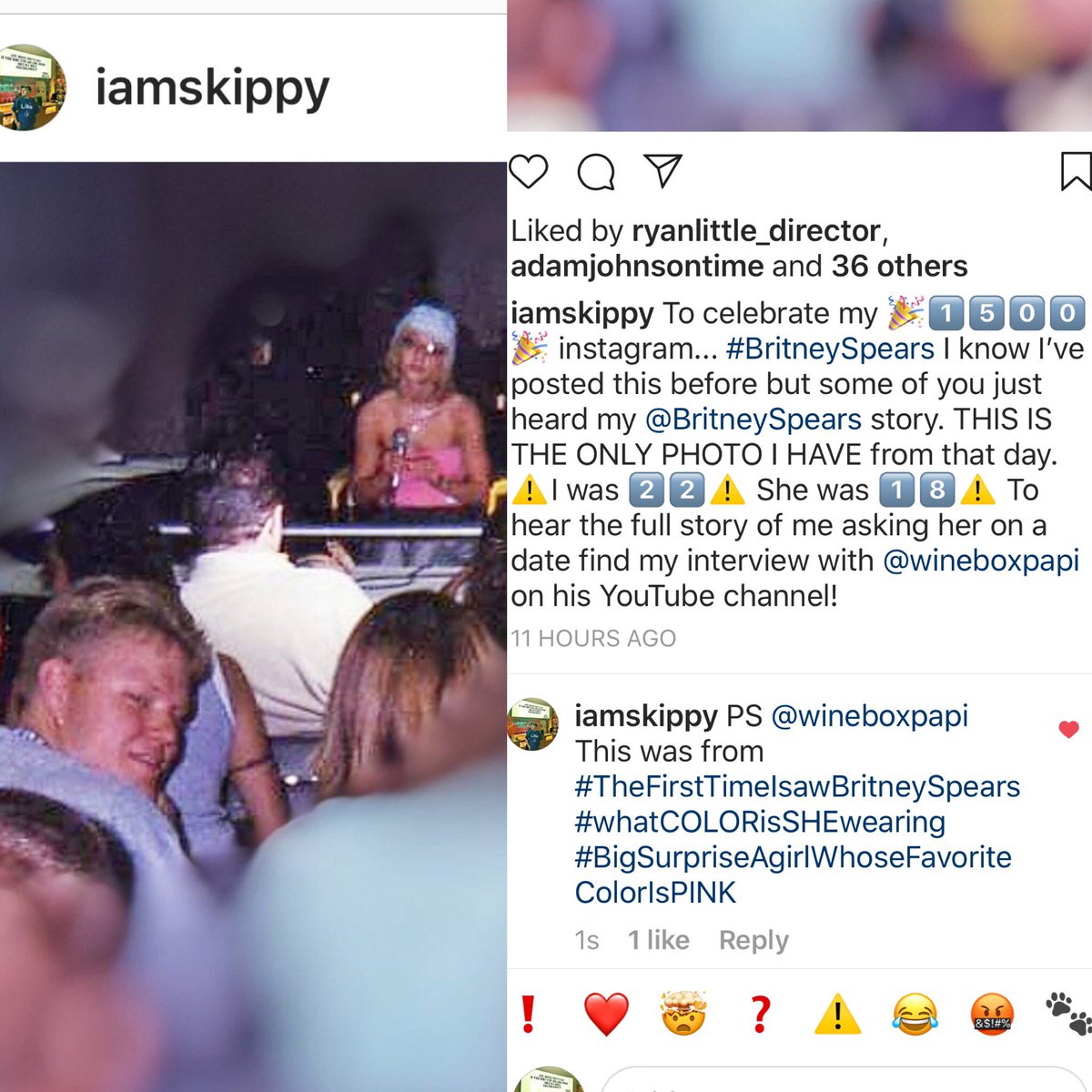 iamskippy's tweet photo. During my 3hr @wineboxpapi interview I told him #2BritneySpearsStories
This picture on my @instagram proves I was there
•everyone in the room #AsDaveGrohlAsMyWitness witnessed it happen! #TrueStory
Notice what @britneyspears is wearing?! #ThinkAboutStory2 #ItWillMakeSense https://t.co/sTpJsnxmIM