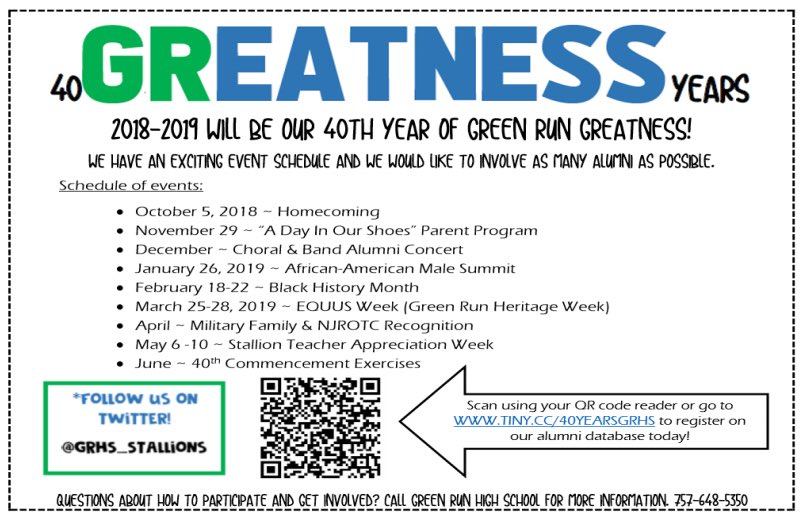 GRHS_Stallions's tweet photo. Calling all Stallion Alumni, near &amp; far! We are celebrating 40 years of our beloved Green Run this year &amp; we would love to see you. Join us for our 1st anniversary event: Homecoming! October 5, 2018 we hope to see you there. #GReatness @ChrisJacobsGRHS @GreenRunChorus @GRHSPTSA https://t.co/n6780yIqSZ