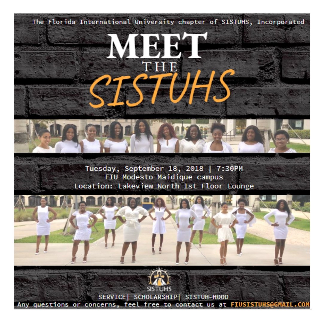 🗣CALLING ALL FIU STUDENTS!
This upcoming Tuesday, September 18, we will be hosting our first event for the semester. 

MEET THE SISTUHS in Lakeview North 1st Floor lounge at 7:30PM for a night filled with activities, refreshments, and more! 🎤🎮.
#FIU19 #FIU20 #FIU21 #FIU22
