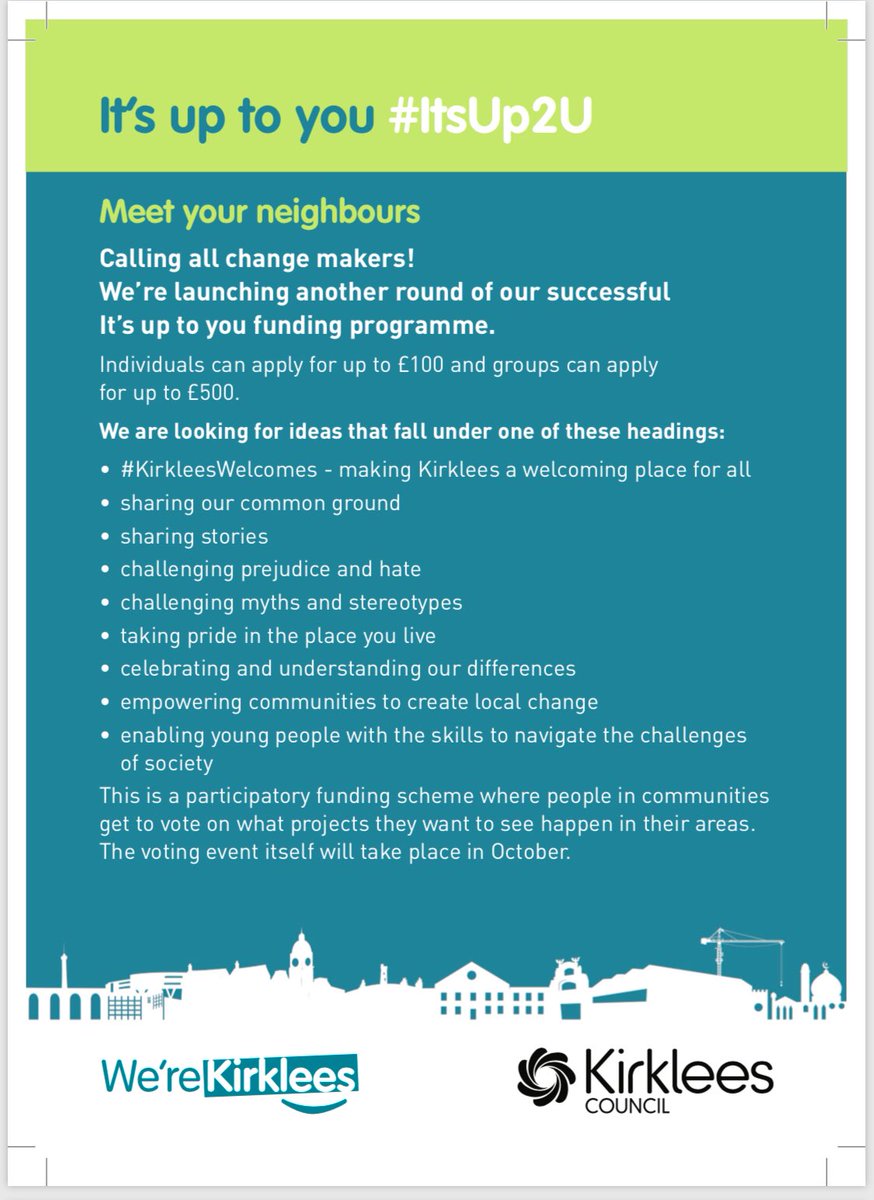 KirkleesCI's tweet photo. #ItsUp2U #KirkleesWelcomes  Calling all #ChangeMakers 

Do you have an innovative community cohesion project idea? Join us tomorrow for a Meet Your Neighbours event at Batley Library, Thursday 13th September 2018, 5.30-7.30pm

https://t.co/VMR8a1ERmQ https://t.co/Il2JZPl92a