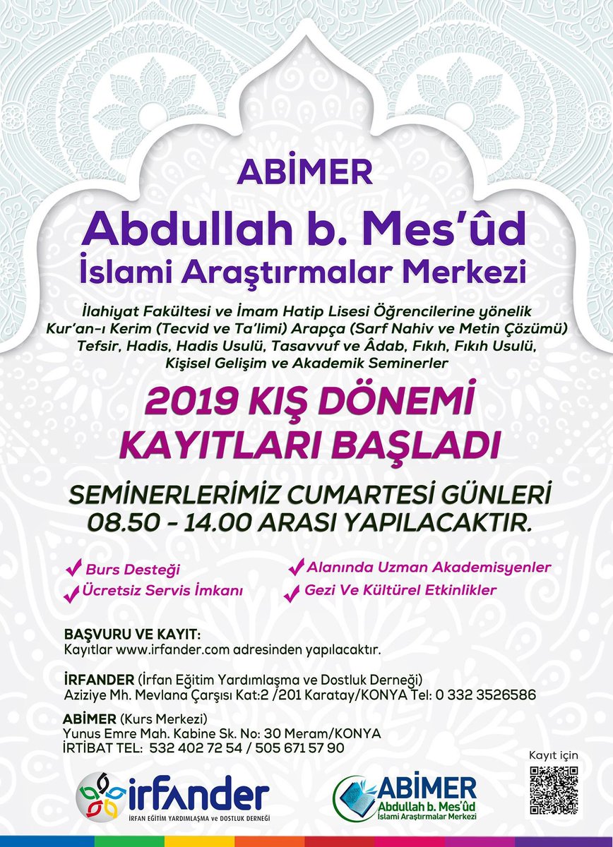 irfander42's tweet photo. ABİMER Abdullah b. Mes´ûd İslami Araştırmalar Merkezi 2019 Kış Seminerleri kayıtları başladı.
Kayıt için: https://t.co/vgbENiBYSp
#konya #irfander #abimer #islam #araştırmaları #merkezi #kış #seminerleri https://t.co/gBgZIZdzYR
