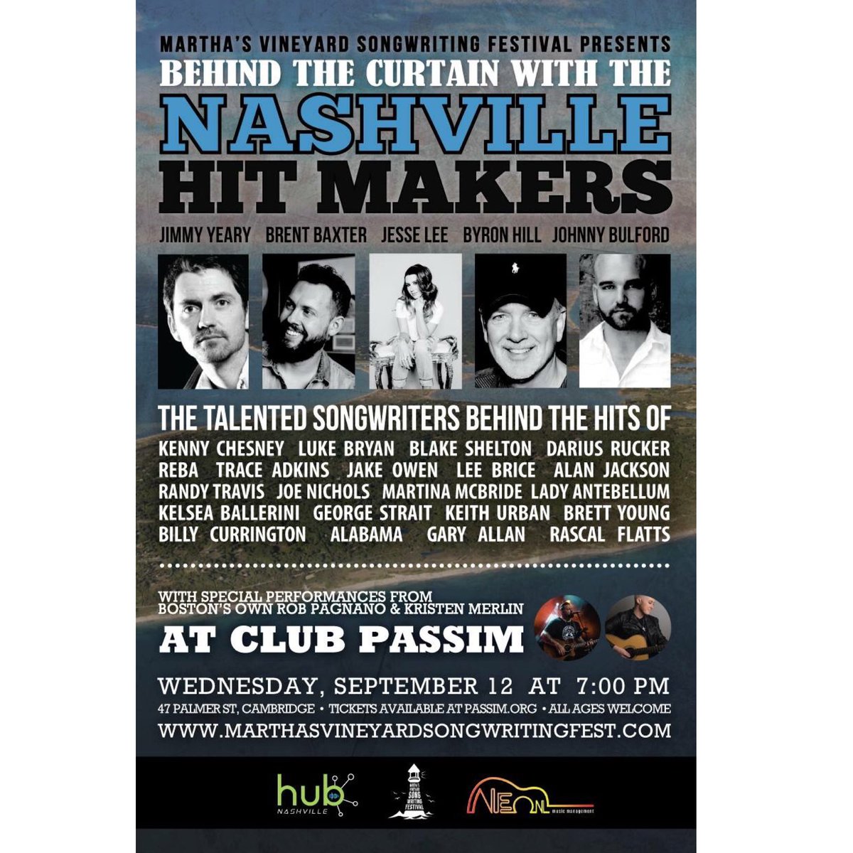 TONIGHT!! The Behind the Curtain with the Nashville Hit Makers show kicks off the start of the Martha’s Vineyard Songwriting Festival! Check it out at <a href="/clubpassim/">Club Passim</a>! #music #songwriters #boston