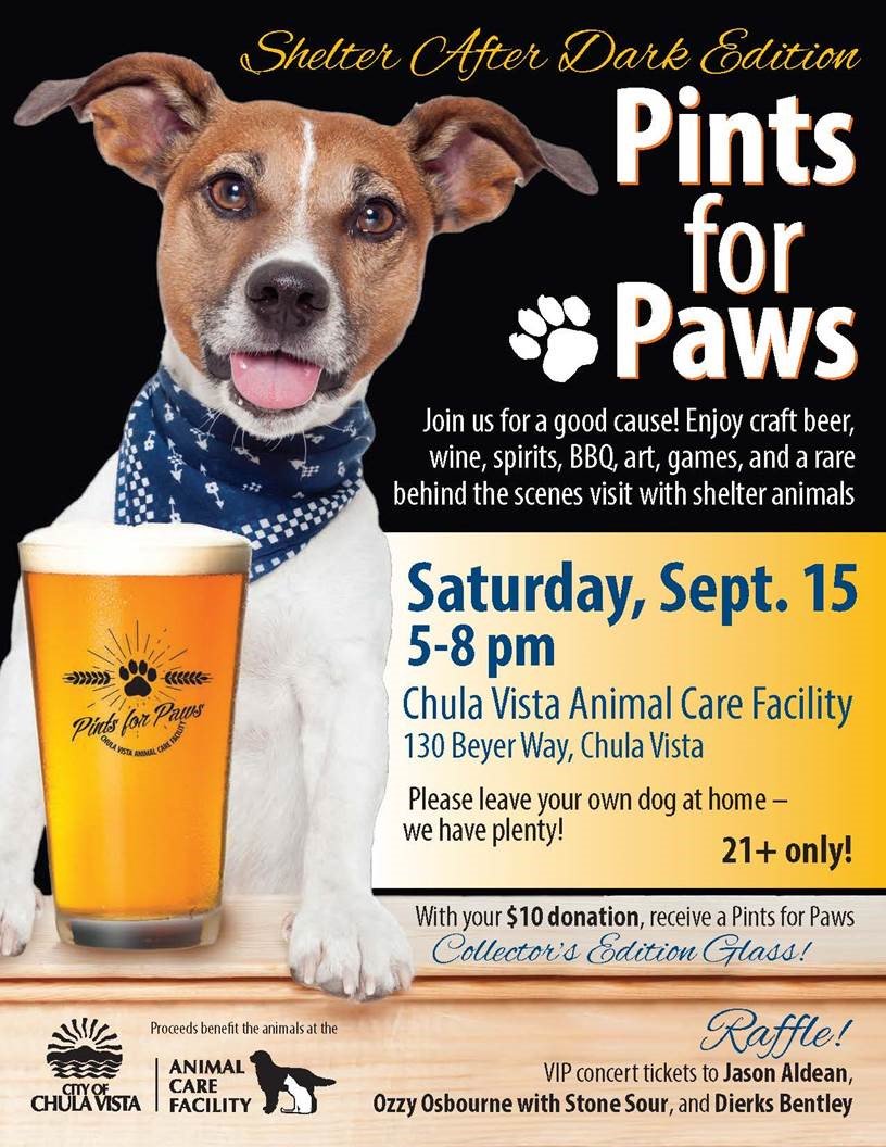 thinkchulavista's tweet photo. Check out the #ChulaVista Animal Care Facility after dark THIS Saturday, September 15 from 5 - 8 pm for the Pints for Paws fundraiser! Enjoy craft beer, wine, spirits, BBQ, art, games and a rare behind the scenes visit with our shelter animals. See you there! #THISisChula #cvacf https://t.co/3K2Cu71wLb