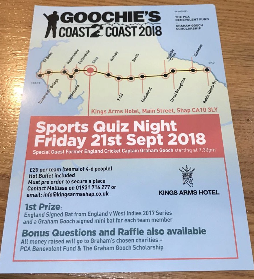 We’re excited to welcome England cricketing legend Graham Gooch to the Kings Arms Pub Quiz on Friday 21st September. Full details on the poster and visit thepca.co.uk/fundraise/#goo… for more details! #grahamgooch #shap #cumbria #sportsquiz