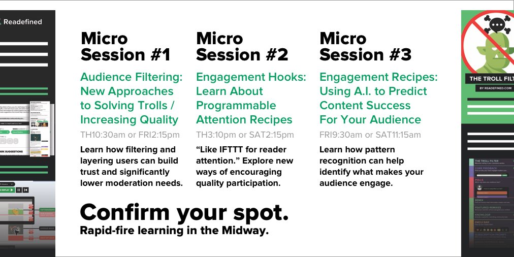 Readefined_com's tweet photo. Attending #ONA18? Interested in new audience engagement strategies and tools? Add our bonus Midway micro sessions to your schedule. 

Timed to fit between main sessions. Limited spaces available, claim your spot. 
👉 https://t.co/1SL6kP6FZu

#ONA18MW #AI https://t.co/OEOvNxtKK7