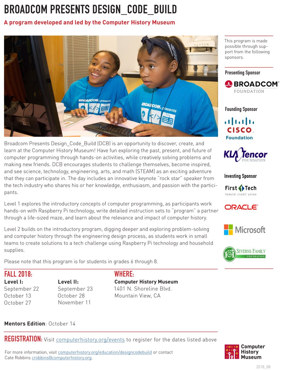 Cate_Robbins's tweet image. Calling all #middleschool students! Join us for #Design_Code_Build @ComputerHistory, kicking off on 9/22 &amp;amp; 9/23!  Register TODAY: bit.ly/2plsMMY. Contact crobbins@computerhistory.org to bring a group for #FREE! #STEM #STEAM #RPi #collaborate #create #design #code #build
