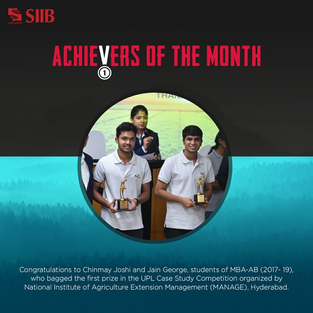 SIIBTweets's tweet photo. Presenting Achievers of the month - Chinmay Joshi and Jain George, Batch- 2017-19, MBA- AgriBusiness.
Congratulations to the winners!!
#Achievers #Corporate #AgriBusiness #SIIB #Symbiosis #SIIBians #Pune #MBA #LifeatSIIB https://t.co/62NyEKAb0m