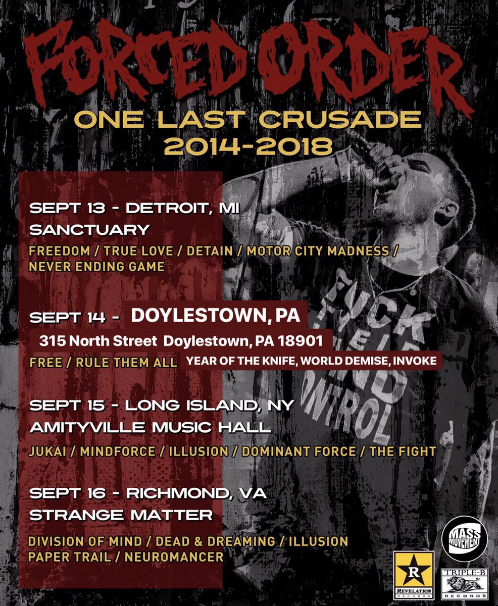 ForcedOrderHC's tweet image. One Last Crusade this weekend. Our final east coast shows. Detroit, Doylestown, Long Island, Richmond.