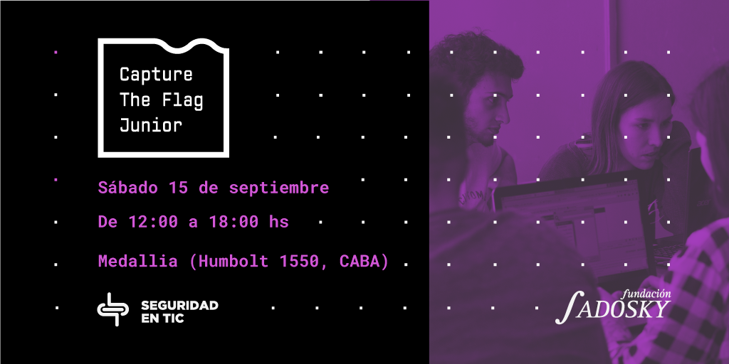 funsadosky's tweet photo. ¿Venís al #CTFJunior2018? Inscribite y participá de los desafíos de Seguridad Informática en las categorías: web, criptografía, redes, informática forense e ingeniería inversa. https://t.co/DcDUJp1jpc https://t.co/4ZJwRoyQzQ