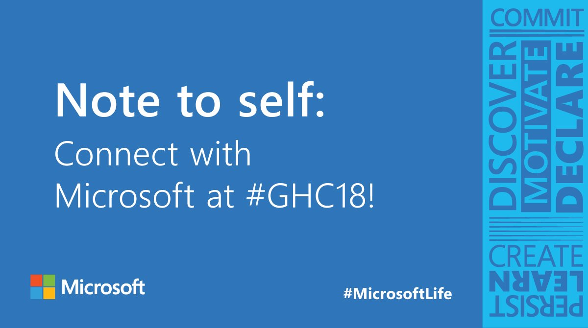 EmInSeattle's tweet photo. Heading to #GHC18? Connect with Microsoft while you are there! Check out https://t.co/08SwkKrR7x to pre-register for our Career Fair booth and learn more about what we are doing at the event! #MicrosoftLife https://t.co/RjNJPazUnf