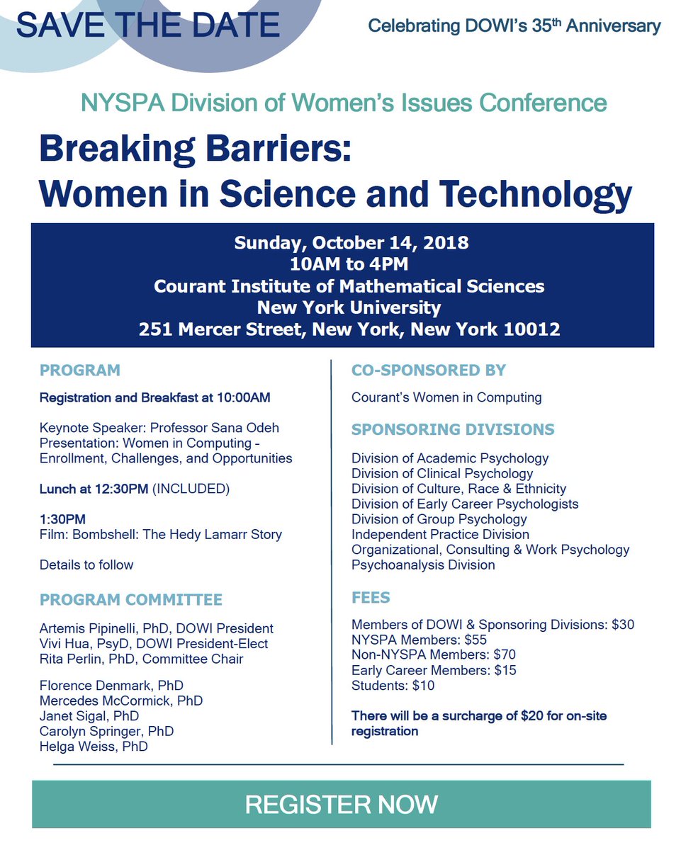 You don't want to miss this event! Register today for NYSPA's DOWI Conference - Breaking Barriers: Women in Science and Technology - October 14, 2018 - Courant Institute of Mathematical Sciences - New York University - Visit events page for more info: nyspa.org/events/EventDe…