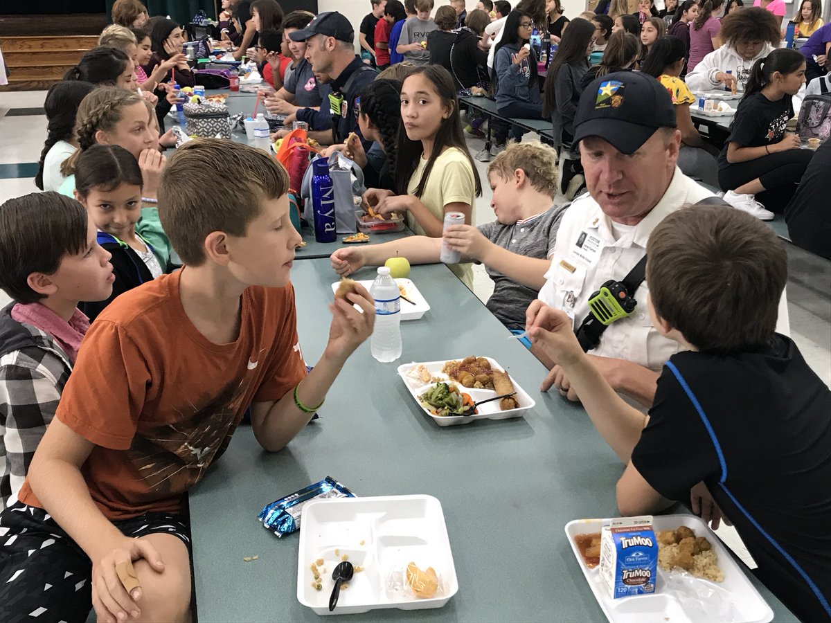 KollerTX's tweet photo. Our 6th grade students invited some of @Leander_Fire bravest to lunch today. We appreciate what y’all do for our city and the @LeanderTigers community. #TheWestDen is the best den. https://t.co/W4p4fOts3J