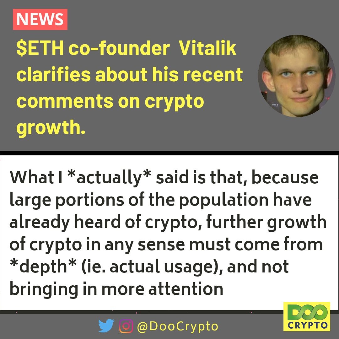 CryptoDoo's tweet photo. Vitalik Buterin clarifies about his recent comments on crypto growth. 

#cryptocurrency #eth #xrp #ripple #blockchain #bitcoincash #bitcoins #bitcoinnews #entrepreneur #ltc #litecoin #dogecoin #bch #eos #xlm #stellar #digitalmoney #cardano #trx #tron #altcoin 
#neo #fintech https://t.co/fg29Ur2jbh