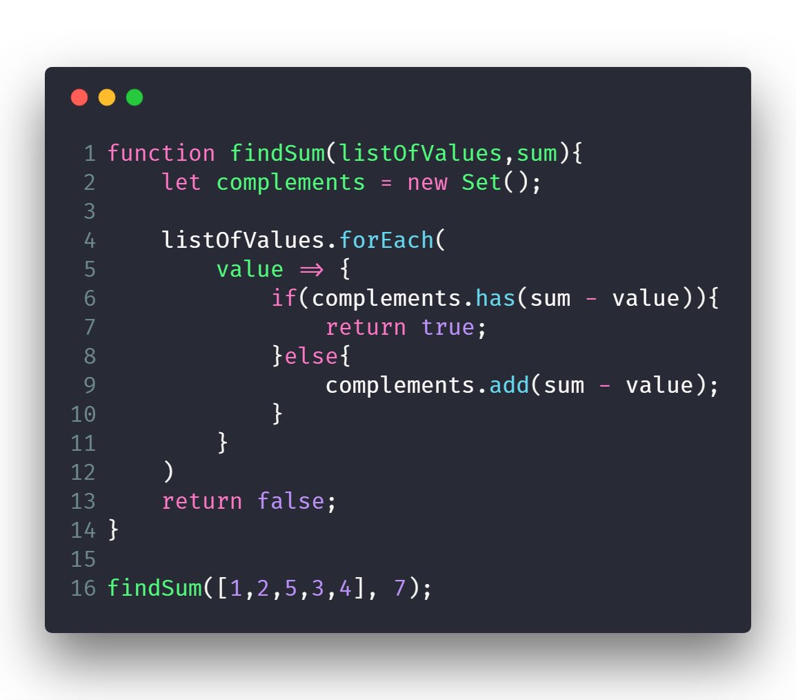 TechGeekMonty's tweet image. What am I doing wrong?! ๐ฉ
Given an array of integers, determine whether or not there exist two elements in the array (at different positions) whose sum is equal to some target value. #DevHelp