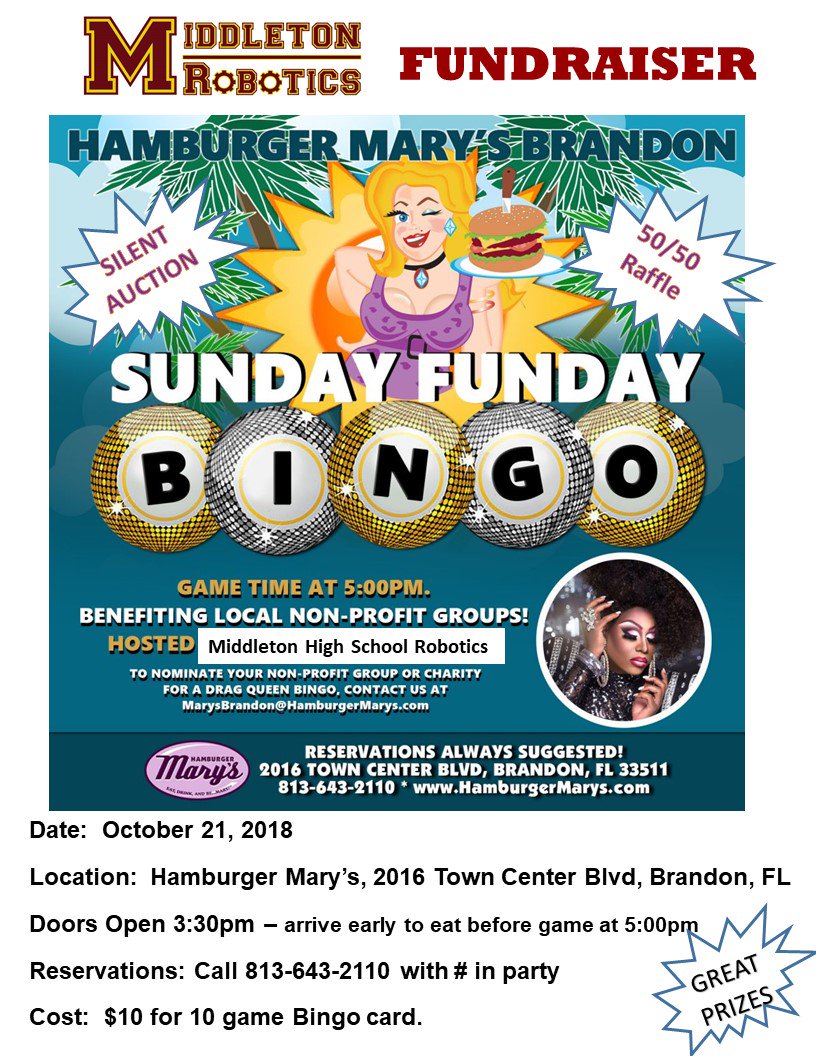 FRC 1369 Minotaur (@frc1369minotaur) on Twitter photo Come Support our annual fundraiser, BINGO at Hamburger Mary's Brandon, Oct 21. There is also 50/50 raffle and Silent Auction. #omgrobots <a href="/MiddletonSTEM/">MiddletonHighSchool</a> <a href="/FIRSTinFlorida/">FIRST in Florida</a> Come Support our annual fundraiser, BINGO at Hamburger Mary's Brandon, Oct 21. There is also 50/50 raffle and Silent Auction. #omgrobots <a href="/MiddletonSTEM/">MiddletonHighSchool</a> <a href="/FIRSTinFlorida/">FIRST in Florida</a>