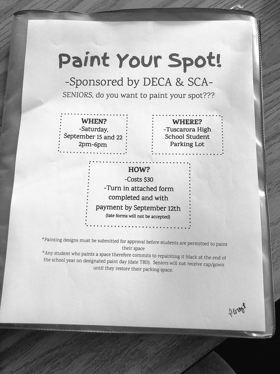seniors! if you want to paint your parking spot pick up a form and bring $30 by 9/18!!! (not 9/12)