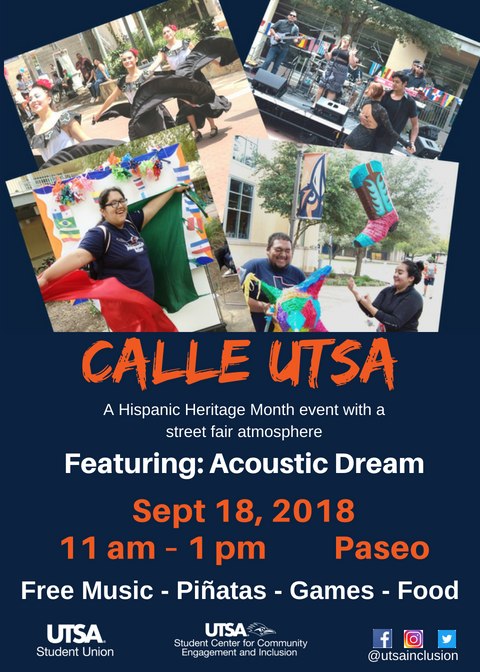 UTSA_MSC's tweet photo. Calle UTSA is next week!  Join us for food, fun activities, and live music on 9/18 from 11-2pm in the Paseo #UTSA #Inclusion #HispanicHeritageMonth https://t.co/IXmep7MqOj