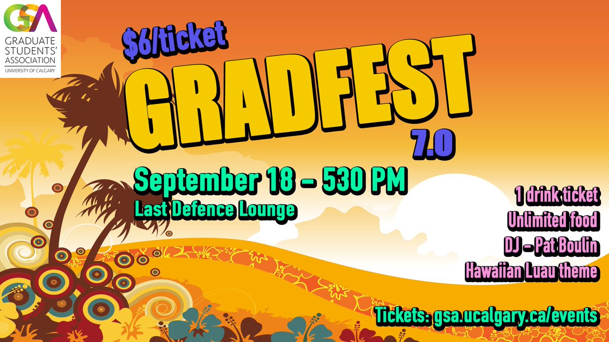 UofCLastDefence's tweet photo. Stay in summer mode with the @GSACalgary GradFest 7.0 on September 18 at 5:30 pm in the LDL! Bring your floral shirts and sandals, $6 ticket gets you a free drink, unlimited food and the chance to dance all night to DJ Pat Boulin! #GetInvolvedGSA https://t.co/kNGZsxtMf9 https://t.co/x6Nz8wdU3L