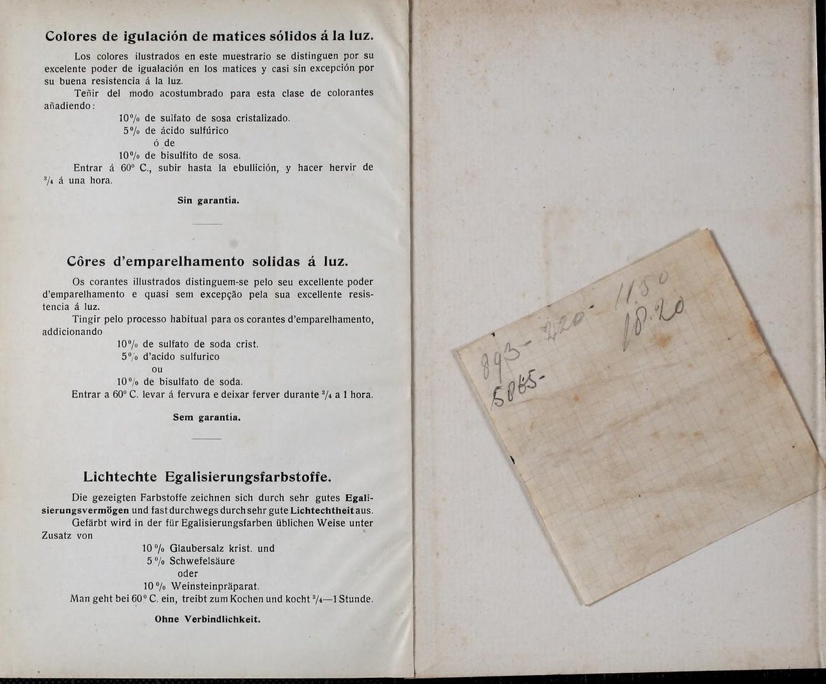 ctm_books's tweet image. From "Couleurs d'unisson solides à la lumière = Level dyeing acid colours fast to light = Lichtechte Egalisierungsfarbstoffe" (1900) #Dyes #Colorfastness 
archive.org/details/couleu…