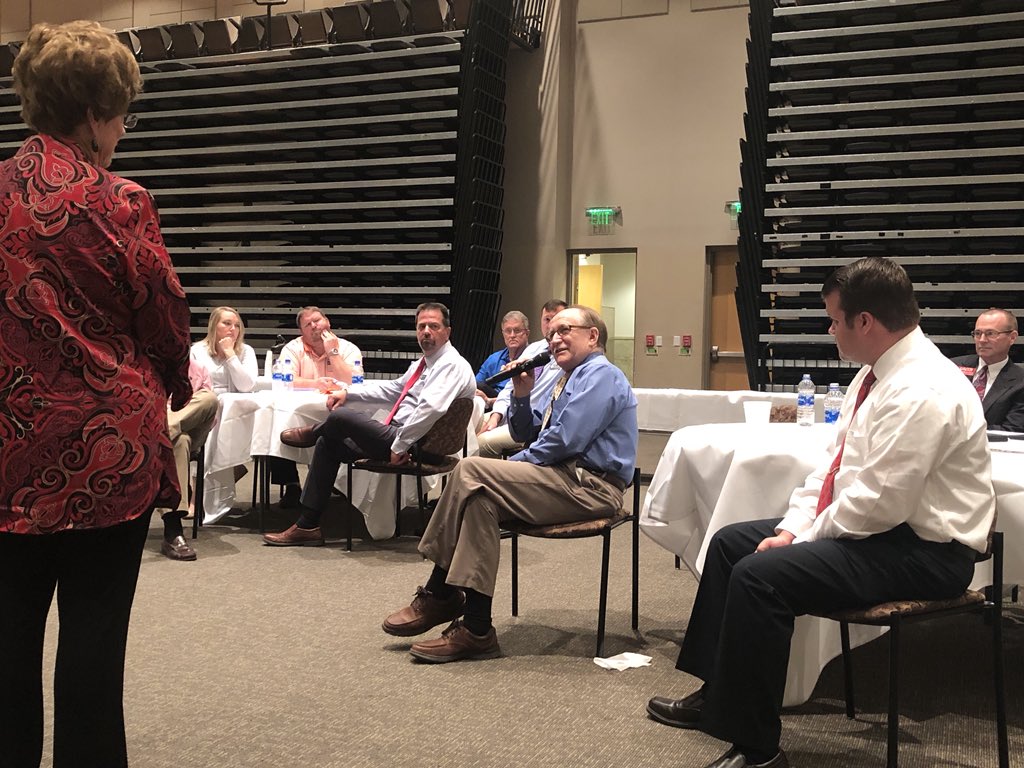 HighlandRebel's tweet photo. Mr. Sharp is addressing Senator Jane English (Rep James Sturch is also pictured). All the area superintendents met at @UACCB and are having a great conversation today about needs of all school districts. https://t.co/gKL4rG7FW2