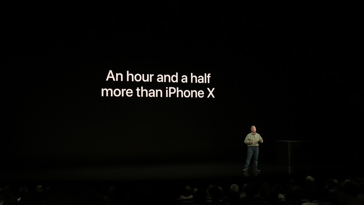 Sobre la batería: 30 min más en el XS y 1.5 hrs más en el iPhone Xs Max. #AppleEvent