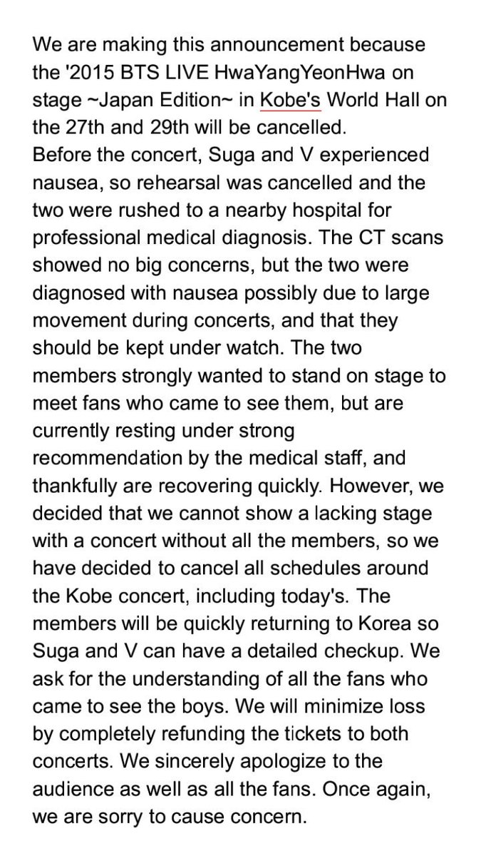 Meanwhile, BigHit posted an explanation on Twitter of how the two dates in Kobe had been cancelled due to yoongi and taehyung being sick and that they were at the hospital, us ARMYs on Twitter didn't find out what happened during the concert until an hour after BigHit's tweet