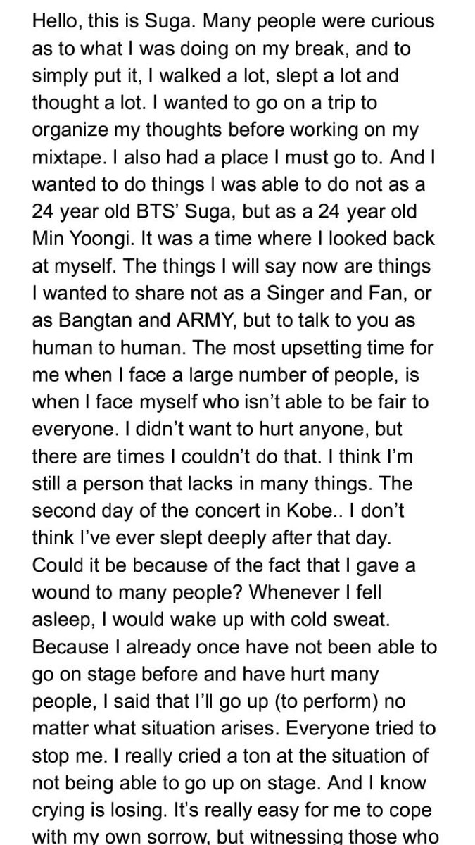 It wasn't until a month later, January 10, 2016 that yoongi wrote us a very long thread on Twitter revealing his feelings of failure cause of his not being able to perform at Kobe, it really hurt us, seeing the turmoil yoongi had been going through the entire time, alone