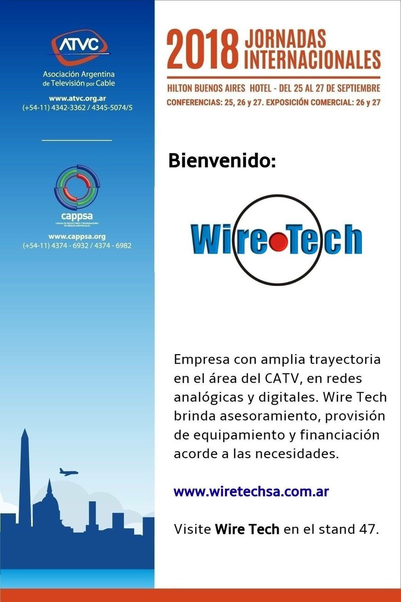 CAPPSA_ok's tweet photo. Bienvenido #WIRETECH a #JORNADASTV #jornadasinternacionales
Los días 26 y 27 de septiembre, presentará todas sus novedades en el stand 47 de la exposición comercial que se desarrollará en el @HiltonBA
Todas la info de Jornadas en: https://t.co/muPILezaSp
IG/TW @cappsa_ok https://t.co/Bo4T4I9OFj