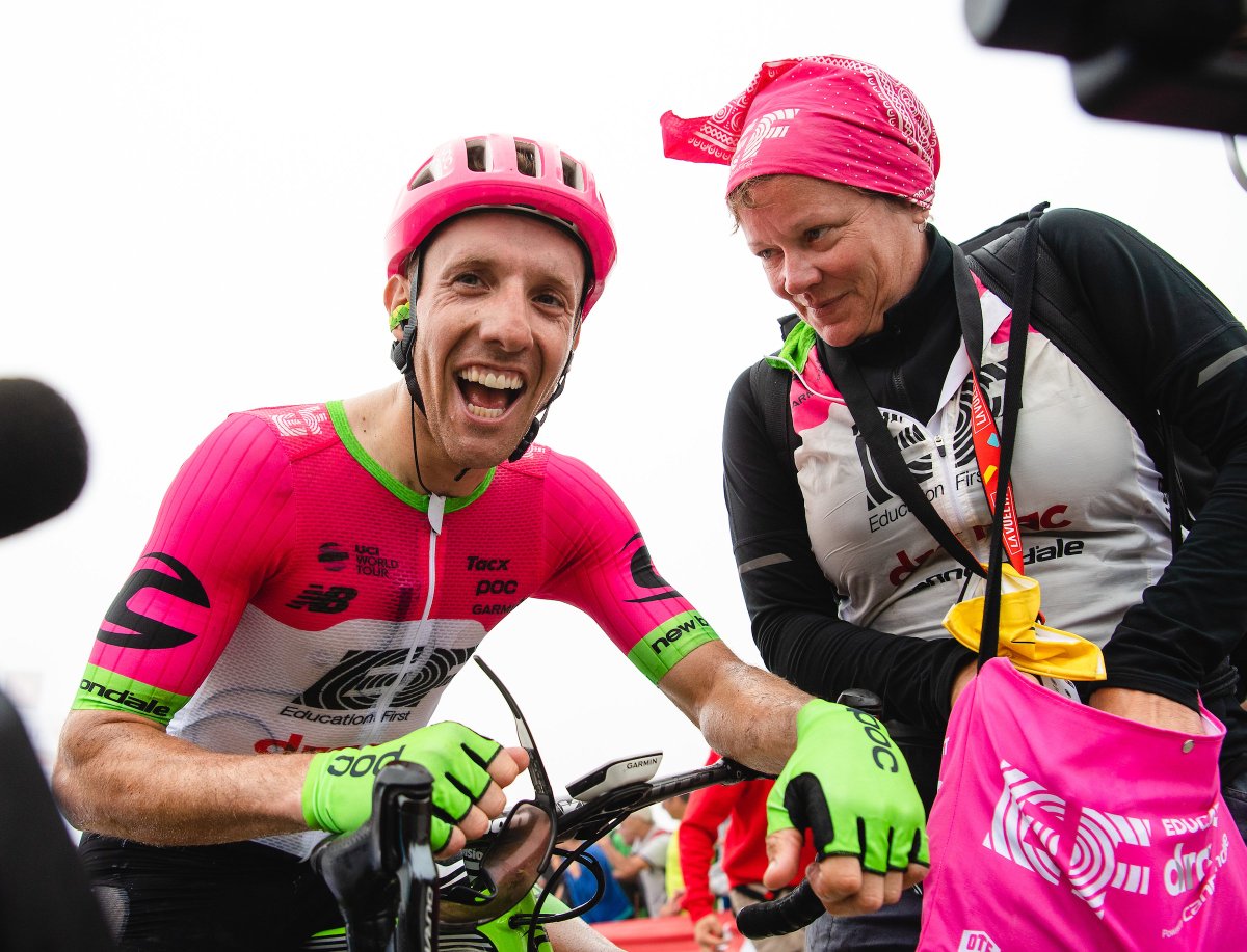 cannondalePro's tweet photo. What a man, what a moment! @rusty_woods grabs his first Grand Tour win in incredible fashion, taming the steepest slopes of @lavuelta! 
#pinkargyle #lavuelta18
Photos by @jeredgruber https://t.co/dbrbIw6orm