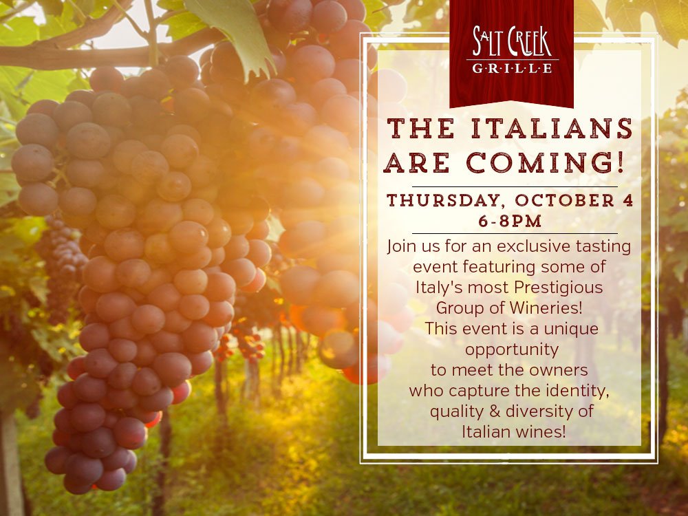 Join us October 4th for an exclusive tasting event featuring some of Italy's most Prestigious Group of Wineries! This event is a unique opportunity 
to meet the owners who capture the identity, quality &amp; diversity of Italian wines!