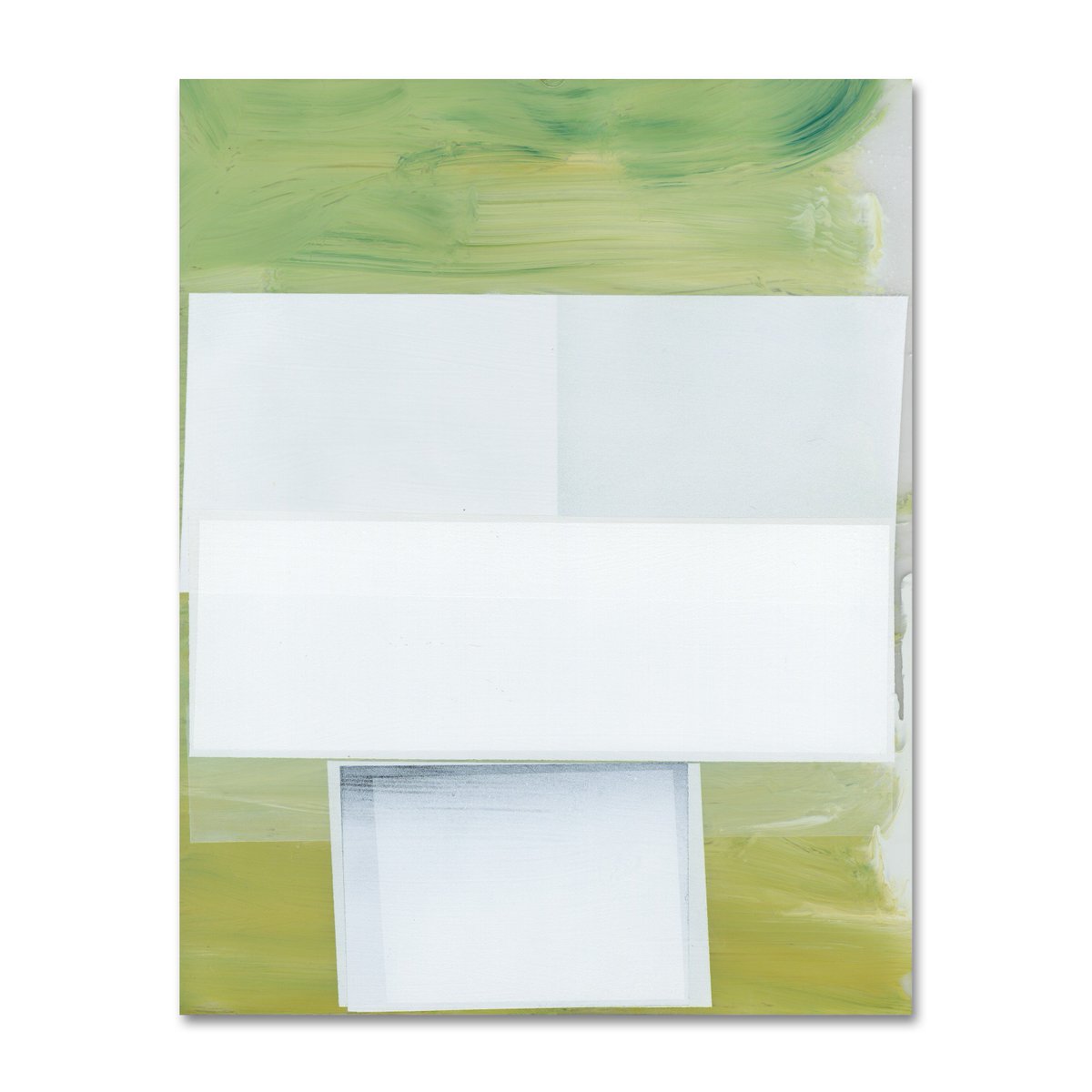 Jeffrey Cortland Jones uses painting to explore optical changes which occur between subtle differences in light and hue, opacity vs. transparency, matte vs. gloss, shallow vs. deep.  (Images:  "Blurs (Otherwise)", enamel, 14 x 11 in;  "Chorus (Widely)", enamel, 14 x 11 in)