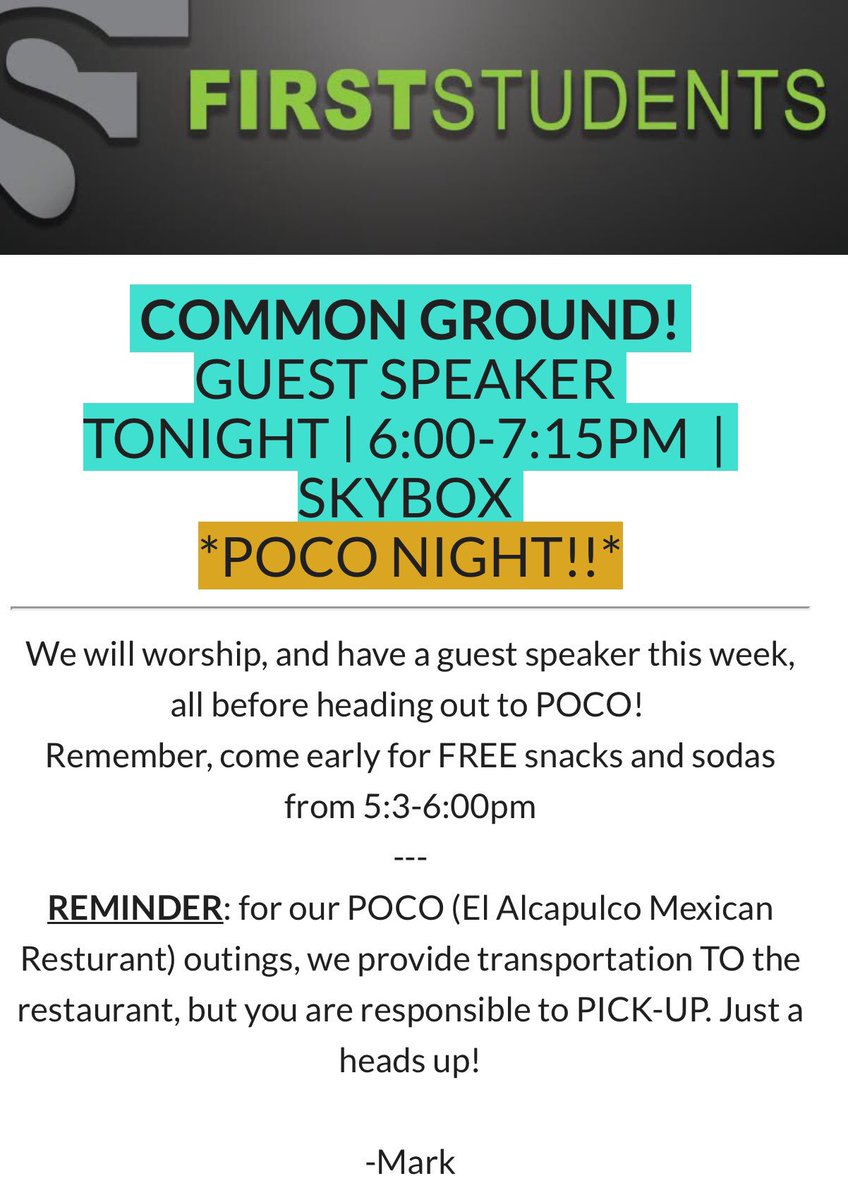 firststudent701's tweet image. Common Ground tonight in the skybox at 6:00!!! we will have a guest speaker. IT’S POCO NIGHT!!! going to be a fun night!