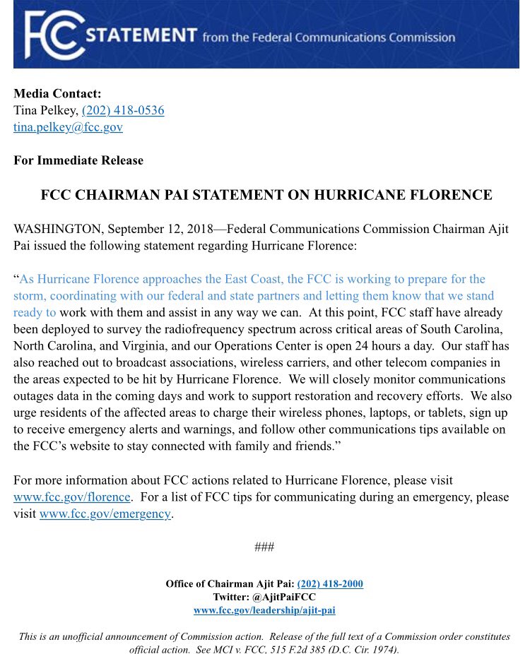 Latest from @AjitPaiFCC on the FCC’s preparation for Hurricane Florence.