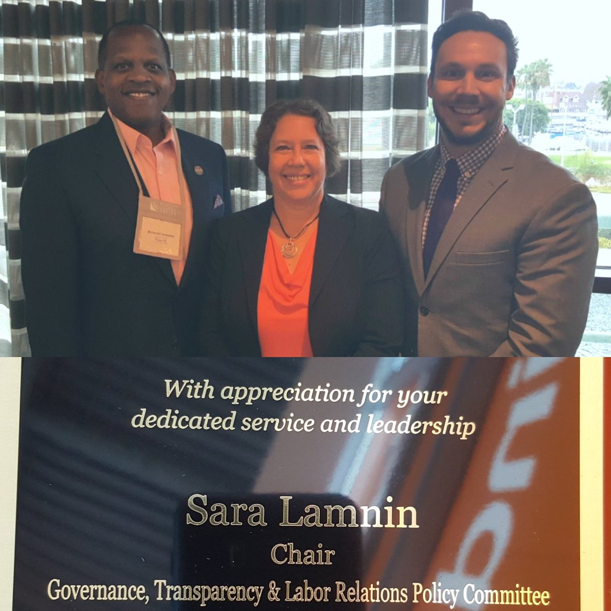 Vice Chair Rich Constantine, Chair Sara Lamnin, Lobbyist Dane Hutchins pose for final meeting of the 2018 convening of the Governance Transparency and Labor Relations Committee