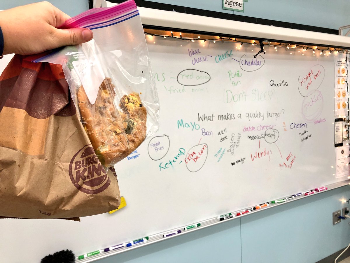 MsMoodyEdu's tweet photo. Using the question “what makes a quality burger” to learn class routines like chalk talks, 4 corners, and how to work in the pod. Through it we got the difference between quality and rushed work as well as to embrace other’s opinions respectfully #ALLIN4NB #qualityburger https://t.co/yp66X6wSTm