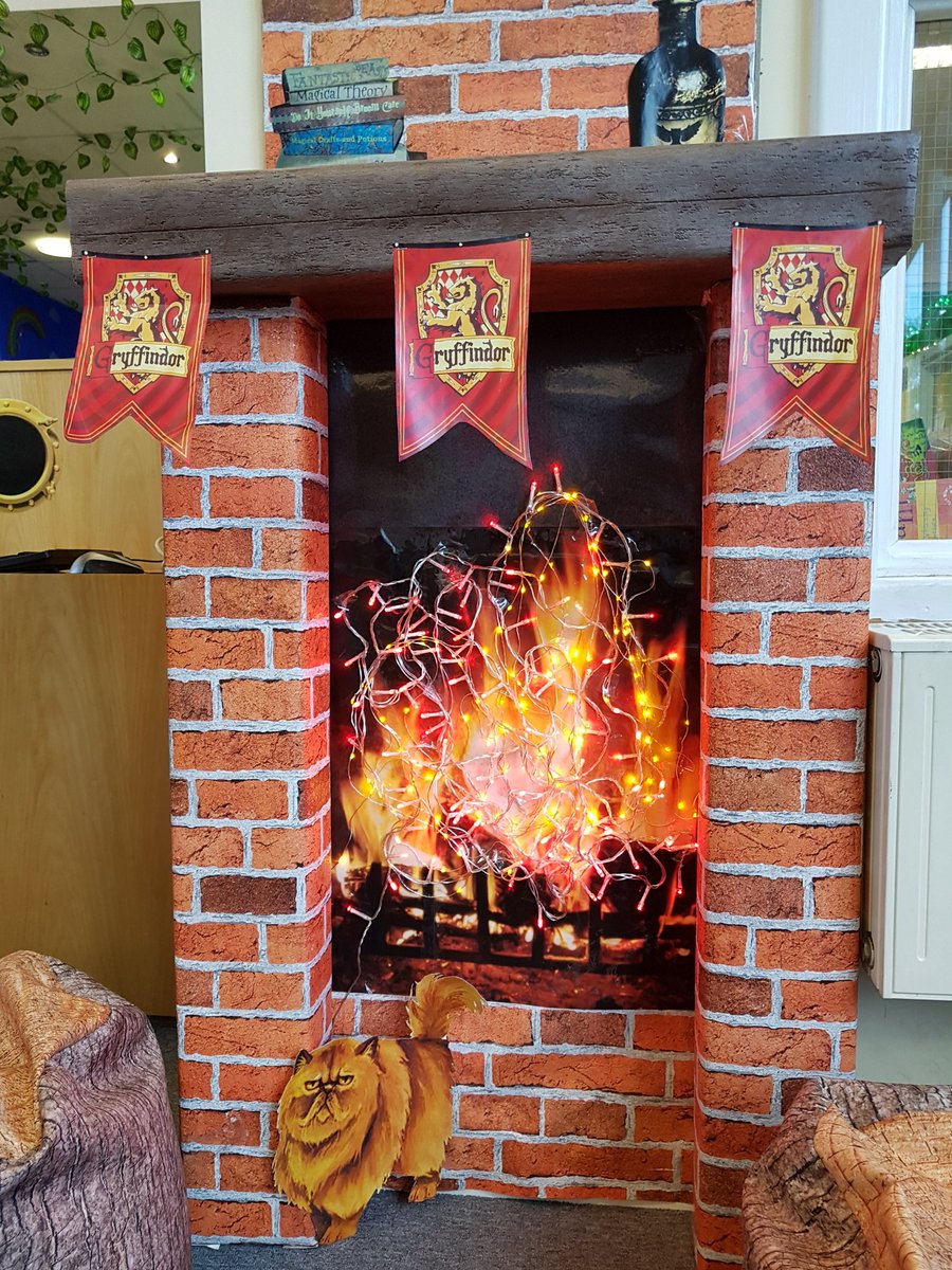 It's taken lots of hard work this summer, but we're almost there - looking more like the library we love! #Gryffindor common room relocated. Fire lit, ready for warm & cosy reading!  #Curlupwithagoodbook #GreatSchoolLibraries