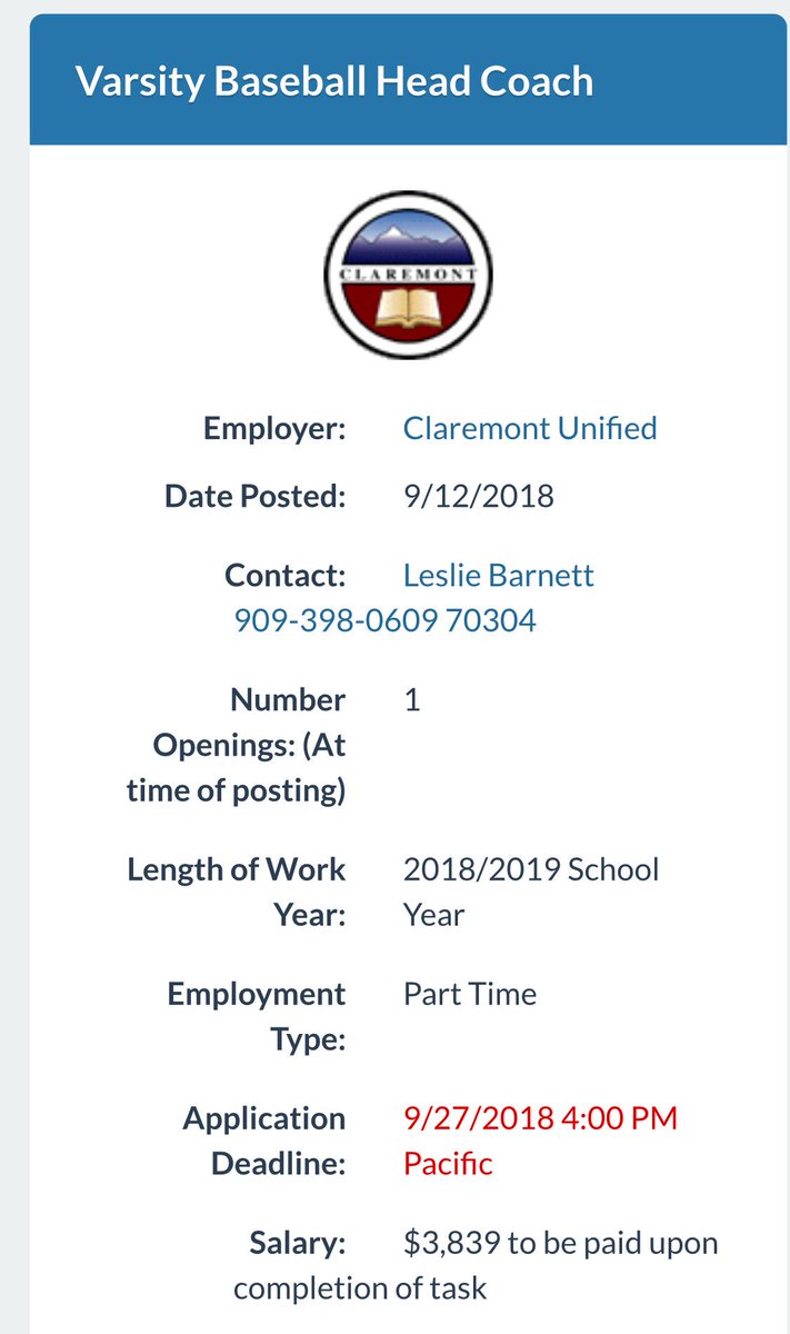 Claremontpack's tweet photo. Interested in being a Head Coach ? Claremont High is in search of a Head Varsity Baseball coach #edjoin #ciffss #palomaresleague @SGVNSports @SteveRRamirez @latsondheimer @James_Escarcega @BaseballAmerica @SteveFryer @ocvarsity @Courier91711 https://t.co/pz5pO6rXma