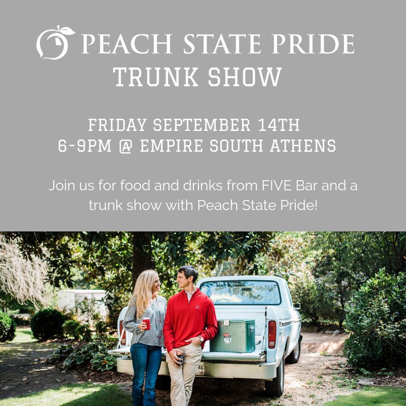 ShopEmpireSouth's tweet image. Our Fan Friday Pregame series continues with a trunk show from Peach State Pride! 🍑 Join us Friday night in Athens for food and drinks from 6-9! 🐾🏈
#peachstatepride #trunkshow #athensga #empiresouth