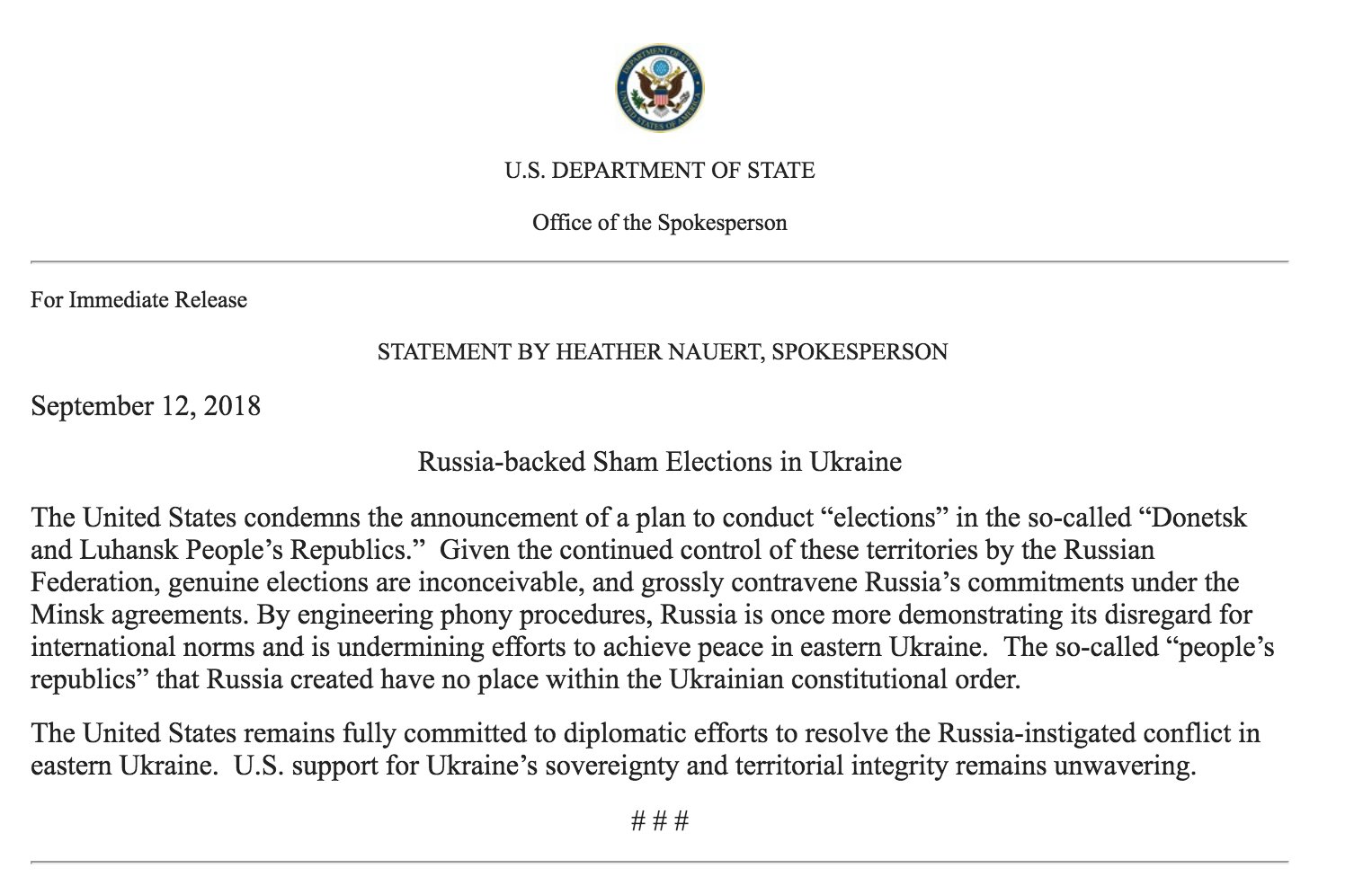 Spokesperson Heather Nauru's September 12, 2018 statement on Russia-Backed Sham Elections in Ukraine.