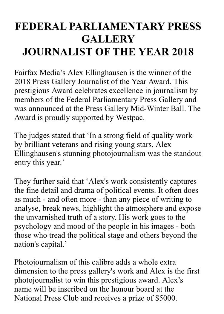 CroweDM's tweet image. The Parliamentary Press Gallery Journalist of the Year Award went to @ellinghausen last night for his stunning work. This is the first time a photojournalist has won. Congratulations Alex!