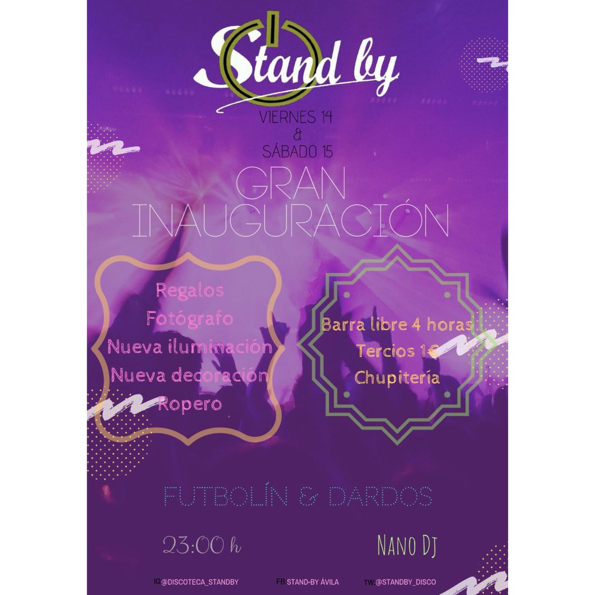 STANDBY_disco's tweet photo. YA LLEGÓ POR FIN, LA ⚠️GRAN INAUGURACIÓN⚠️, Y LO HACEMOS A LO GRANDE💯:
🔹REGALOS
🔹FOTOGRAFO
🔹NUEVA ILUMINACIÓN Y DECORACIÓN 🔹 ROPERO
Y COMO NO PODIA FALTAR...:
🔸TERCIOS 1€🍾
🔸 BARRAS LIBRES DE 4H🍻
Y.... ⚠️❗️NOTICIOOOON❗️⚠️
♦️INAUGURACIÓN DE CHUPITERIA. https://t.co/Ko3OXUlh3y