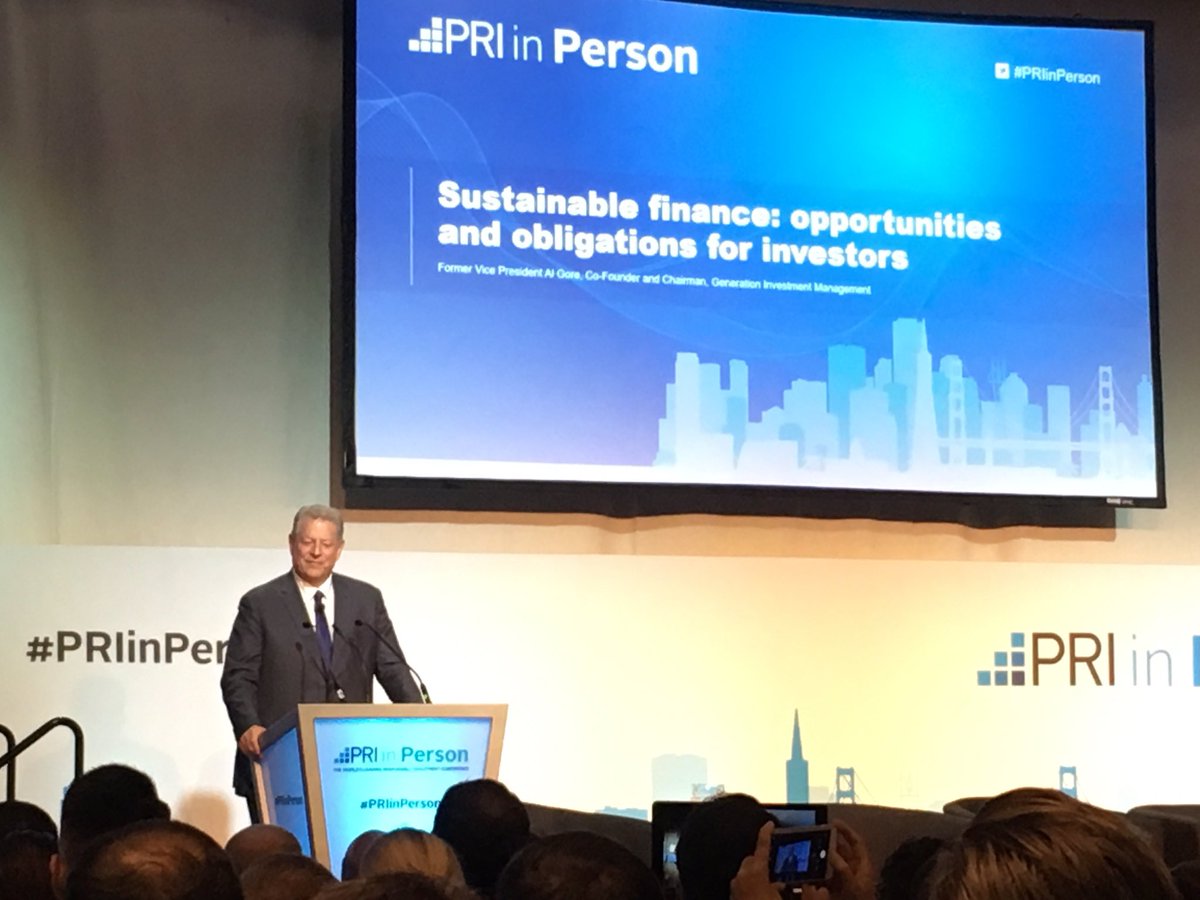 Former US Vice President Al Gore talking about sustainable finance, extreme weather events and the fight against climate change and says "The missing ingredient has been political will" #PRIinPerson #Aktia